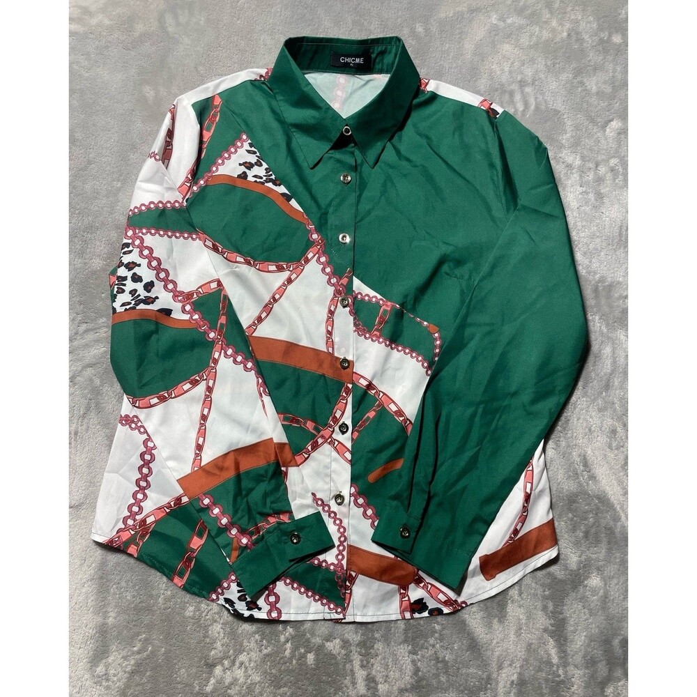 CHICME Women’s XL Green & White Chain Print Button Up Blouse Long Sleeve